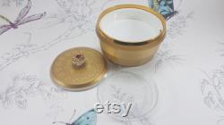 Vintage music box powder bowl with rhinestone jewelled lid, musical powder box plays 'Love Story'