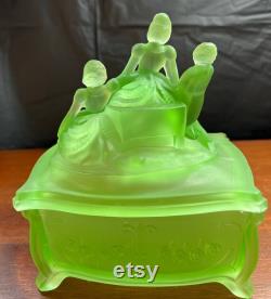 Vintage (nearly antique) Martha Washington Green Satin Glass Powder Box Jar