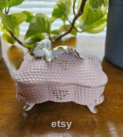 Vintage ornate Pink and Gold and Delicate white leaves Ceramic Jewelry Box, Dresser Box, Vanity Box, Powder Jar circa 1970's made in Japan.