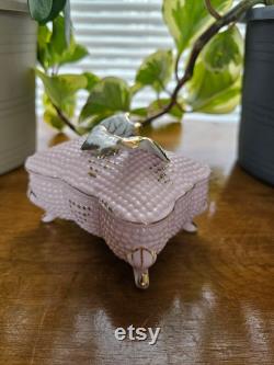 Vintage ornate Pink and Gold and Delicate white leaves Ceramic Jewelry Box, Dresser Box, Vanity Box, Powder Jar circa 1970's made in Japan.