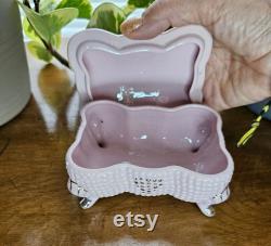 Vintage ornate Pink and Gold and Delicate white leaves Ceramic Jewelry Box, Dresser Box, Vanity Box, Powder Jar circa 1970's made in Japan.