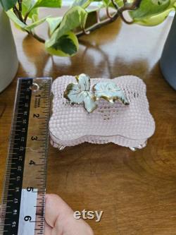 Vintage ornate Pink and Gold and Delicate white leaves Ceramic Jewelry Box, Dresser Box, Vanity Box, Powder Jar circa 1970's made in Japan.