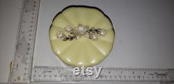 Vintage plastic powder dish beige flowers rhinestones excellent condition