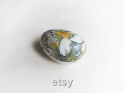 Vintage porcelain egg shaped trinket, jewelry box with Monika Heller-Cole art transfer. Easter chicken and flowers. Collectors item.