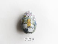 Vintage porcelain egg shaped trinket, jewelry box with Monika Heller-Cole art transfer. Easter chicken and flowers. Collectors item.