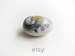 Vintage porcelain egg shaped trinket, jewelry box with Monika Heller-Cole art transfer. Easter chicken and flowers. Collectors item.