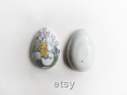 Vintage porcelain egg shaped trinket, jewelry box with Monika Heller-Cole art transfer. Easter chicken and flowers. Collectors item.