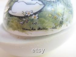 Vintage porcelain egg shaped trinket, jewelry box with Monika Heller-Cole art transfer. Easter chicken and flowers. Collectors item.