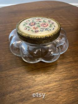 Vintage powder bowl with embroidered lid