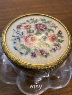 Vintage powder bowl with embroidered lid