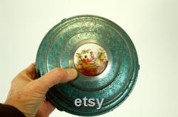 Vintage powder box blue metal with painted pastoral scene