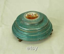 Vintage powder box blue metal with painted pastoral scene