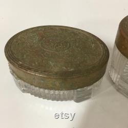 Vintage powder jar, powder tin, set, Art Deco powder jar, glass jar, make up, crystal jar, trinket box, powder box, collectibles,