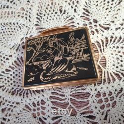 Vintage rarity old Soviet black and gold powder box. Powder box USSR. Ladies accessory made in the Soviet Union.