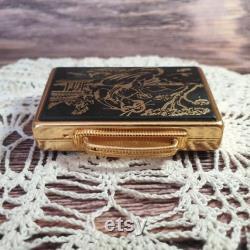 Vintage rarity old Soviet black and gold powder box. Powder box USSR. Ladies accessory made in the Soviet Union.