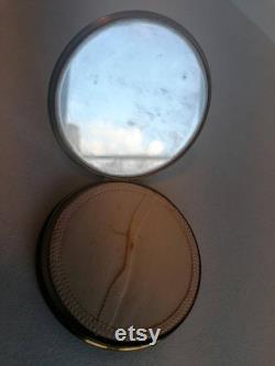 Vintage round caramel faux mother of pearl engraved gilt brass powder compact case mid-century