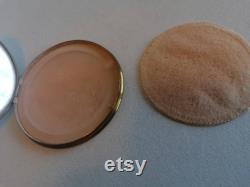 Vintage round caramel faux mother of pearl engraved gilt brass powder compact case mid-century