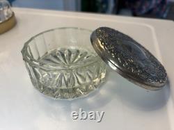 Vintage silver-plated and crystal glass powder/ trinket pot with mirror