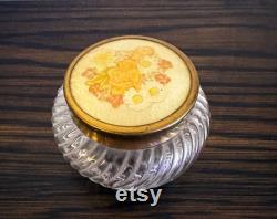 Vintage swirled ribbed dresser vanity jar with embossed floral-shell motif brass lid