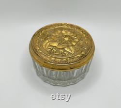 Vintage vanity glass cosmetic powder box- Brass mirrored golden floral lid lidded trinket dish with Victorian style rose