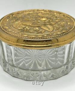 Vintage vanity glass cosmetic powder box- Brass mirrored golden floral lid lidded trinket dish with Victorian style rose