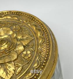 Vintage vanity glass cosmetic powder box- Brass mirrored golden floral lid lidded trinket dish with Victorian style rose