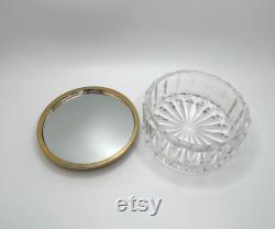 Vintage vanity glass cosmetic powder box- Brass mirrored golden floral lid lidded trinket dish with Victorian style rose