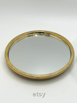 Vintage vanity glass cosmetic powder box- Brass mirrored golden floral lid lidded trinket dish with Victorian style rose