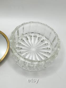 Vintage vanity glass cosmetic powder box- Brass mirrored golden floral lid lidded trinket dish with Victorian style rose