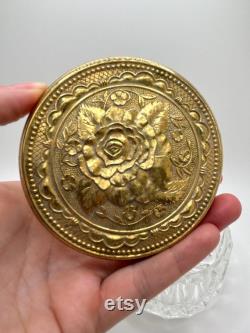 Vintage vanity glass cosmetic powder box- Brass mirrored golden floral lid lidded trinket dish with Victorian style rose