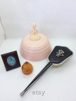 Vintage vanity lot lady Powder and Trinket Bowl,Brush , photo frame and celluloid Pot