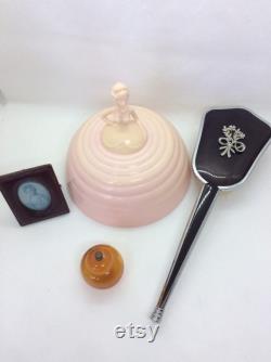 Vintage vanity lot lady Powder and Trinket Bowl,Brush , photo frame and celluloid Pot