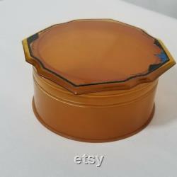 Vtg Art Deco Amber Celluloid Plastic Scalloped Edge Vanity Powder Trinket Box