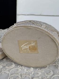 Vtg Art Deco Terragrafics Delicate Cream Pearl Hand Beaded Keepsake Trinket Box