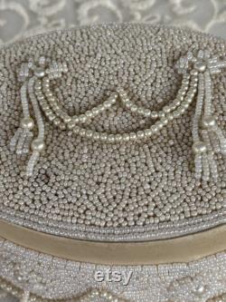 Vtg Art Deco Terragrafics Delicate Cream Pearl Hand Beaded Keepsake Trinket Box