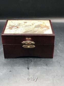 Vtg. Choking Art Japan. Red lacquered Peacock Trinket Box peacocks Flowers. 1970