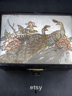 Vtg. Choking Art Japan. Red lacquered Peacock Trinket Box peacocks Flowers. 1970