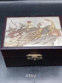Vtg. Choking Art Japan. Red lacquered Peacock Trinket Box peacocks Flowers. 1970