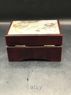 Vtg. Choking Art Japan. Red lacquered Peacock Trinket Box peacocks Flowers. 1970