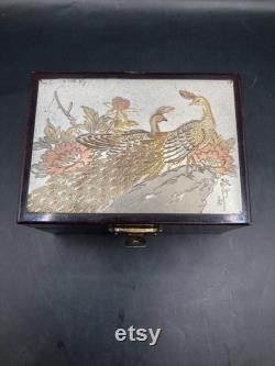Vtg. Choking Art Japan. Red lacquered Peacock Trinket Box peacocks Flowers. 1970
