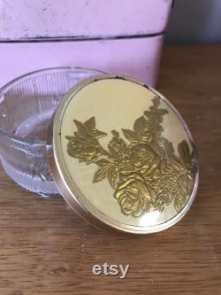 Vtg Glass Powder Puff Jar, Vanity Jar Clear Ribbed Glass Footed Trinket Box Gold Tone Lid with 3D Roses