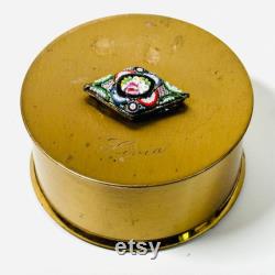 Vtg Henriette Livia brass metal Powder Trinket Box with Micro Mosaic Decoration