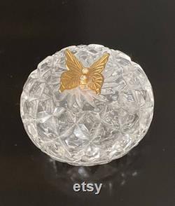 Vtg Lefton Crystal Clear Cut Glass Butterfly Trinket Dish Jewelry Tray Box Round