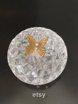 Vtg Lefton Crystal Clear Cut Glass Butterfly Trinket Dish Jewelry Tray Box Round