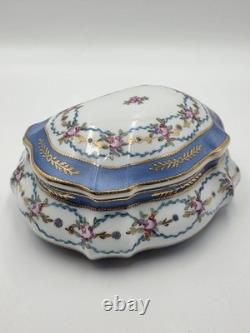 Vtg Limoges China Hand Painted Porcelain Large Dresser Powder Box Cobalt Gold