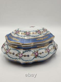 Vtg Limoges China Hand Painted Porcelain Large Dresser Powder Box Cobalt Gold