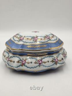 Vtg Limoges China Hand Painted Porcelain Large Dresser Powder Box Cobalt Gold