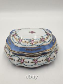 Vtg Limoges China Hand Painted Porcelain Large Dresser Powder Box Cobalt Gold