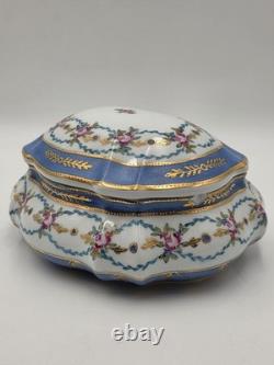 Vtg Limoges China Hand Painted Porcelain Large Dresser Powder Box Cobalt Gold