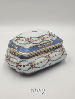 Vtg Limoges China Hand Painted Porcelain Large Dresser Powder Box Cobalt Gold